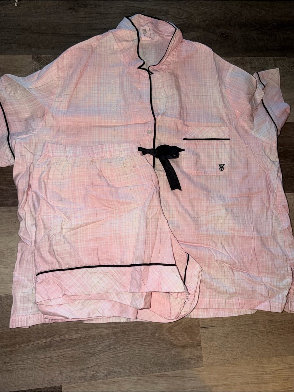 Pink plaid Cotton Pajama Set with Black Piping